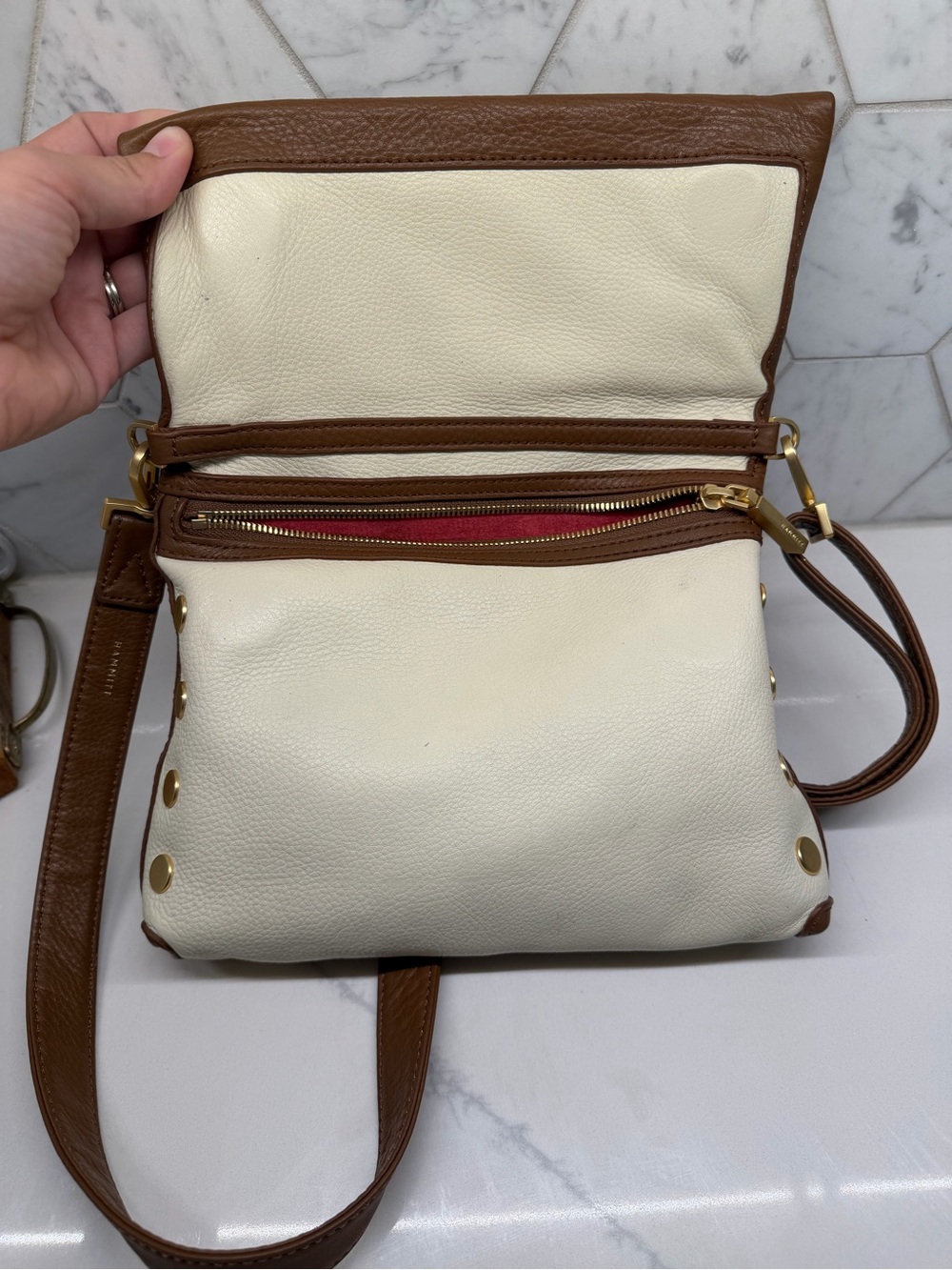 Hammitt Cream and Brown Leather Foldover Crossbody - Picture 8 of 16